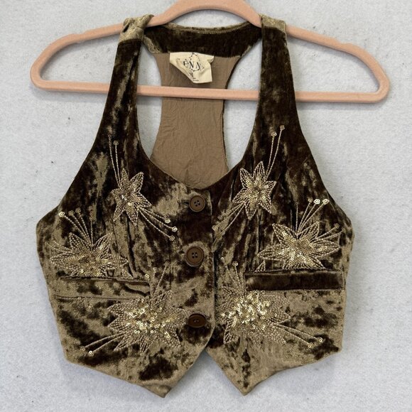 Lenni Jackets & Blazers - LENNI Vest Womens Medium Brown Velvet Sequin Embroidered Floral Boho Cropped